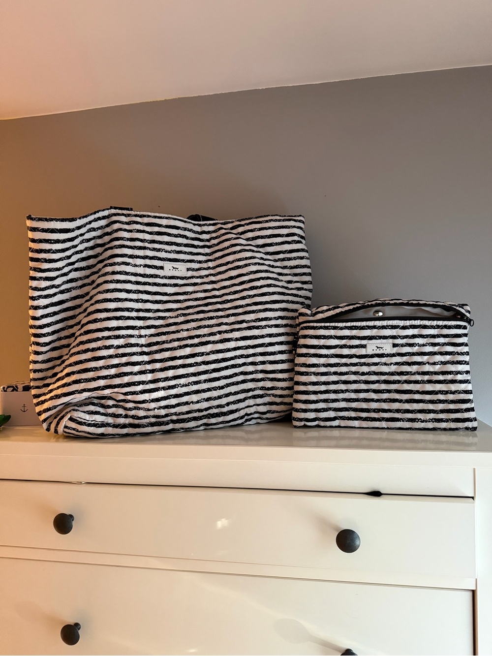 Scout Black and White Striped Storage Tote and Pouch Set